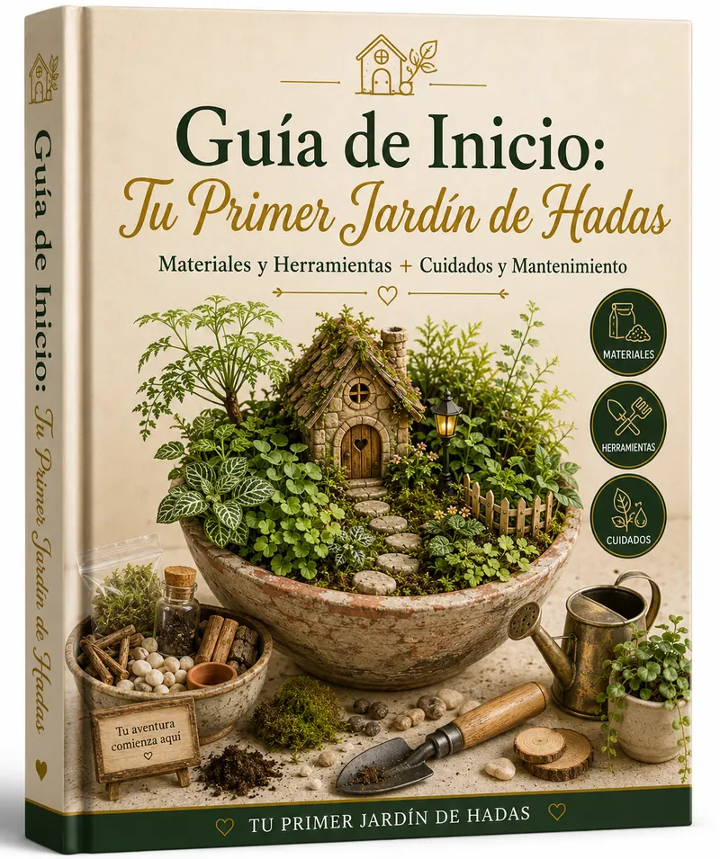 Portada de Guía de Inicio: Tu Primer Jardín de Hadas, con materiales, herramientas y jardín de muestra