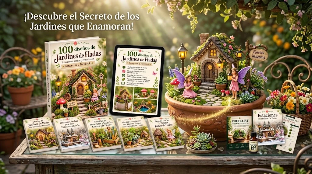 Bowl de jardín de hadas en miniatura con casita iluminada, hadas y flores, junto al catálogo 100 Diseños de Jardines de Hadas listos para armar y vender en Instagram y Facebook, en libro impreso y tablet