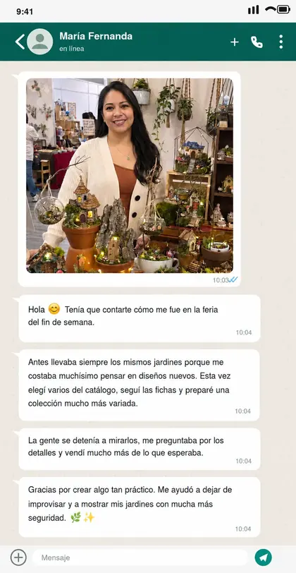 Captura de WhatsApp: testimonio real de María Fernanda sobre el catálogo de jardines de hadas