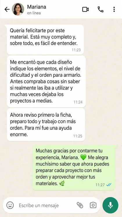 Captura de WhatsApp: testimonio real de Mariana sobre la claridad del material