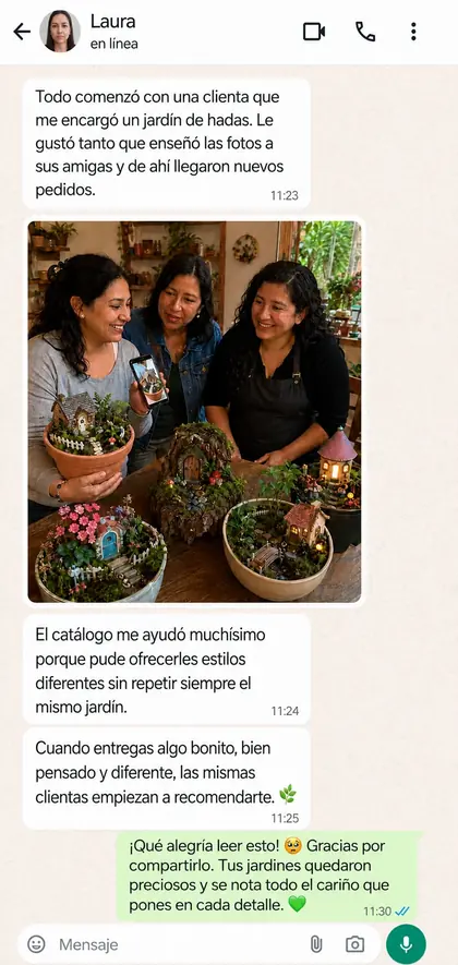 Captura de WhatsApp: testimonio real de Laura sobre nuevos pedidos de clientas