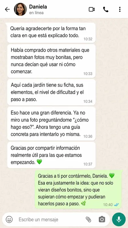 Captura de WhatsApp: testimonio real de Daniela sobre lo fácil de empezar