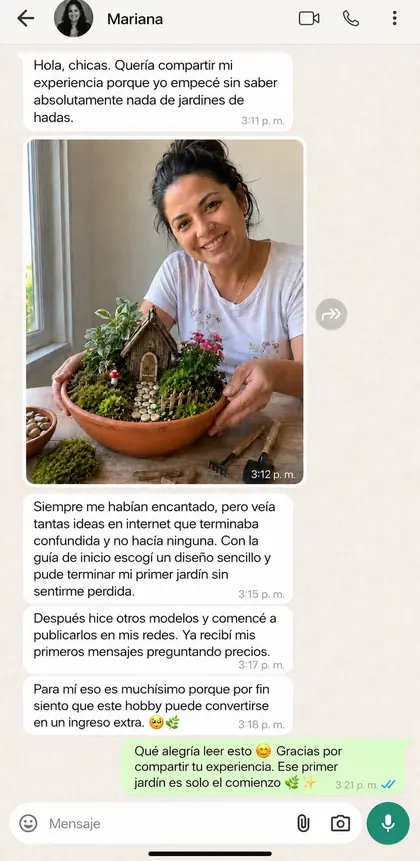 Captura de WhatsApp: testimonio real de Mariana sobre su primer jardín de hadas